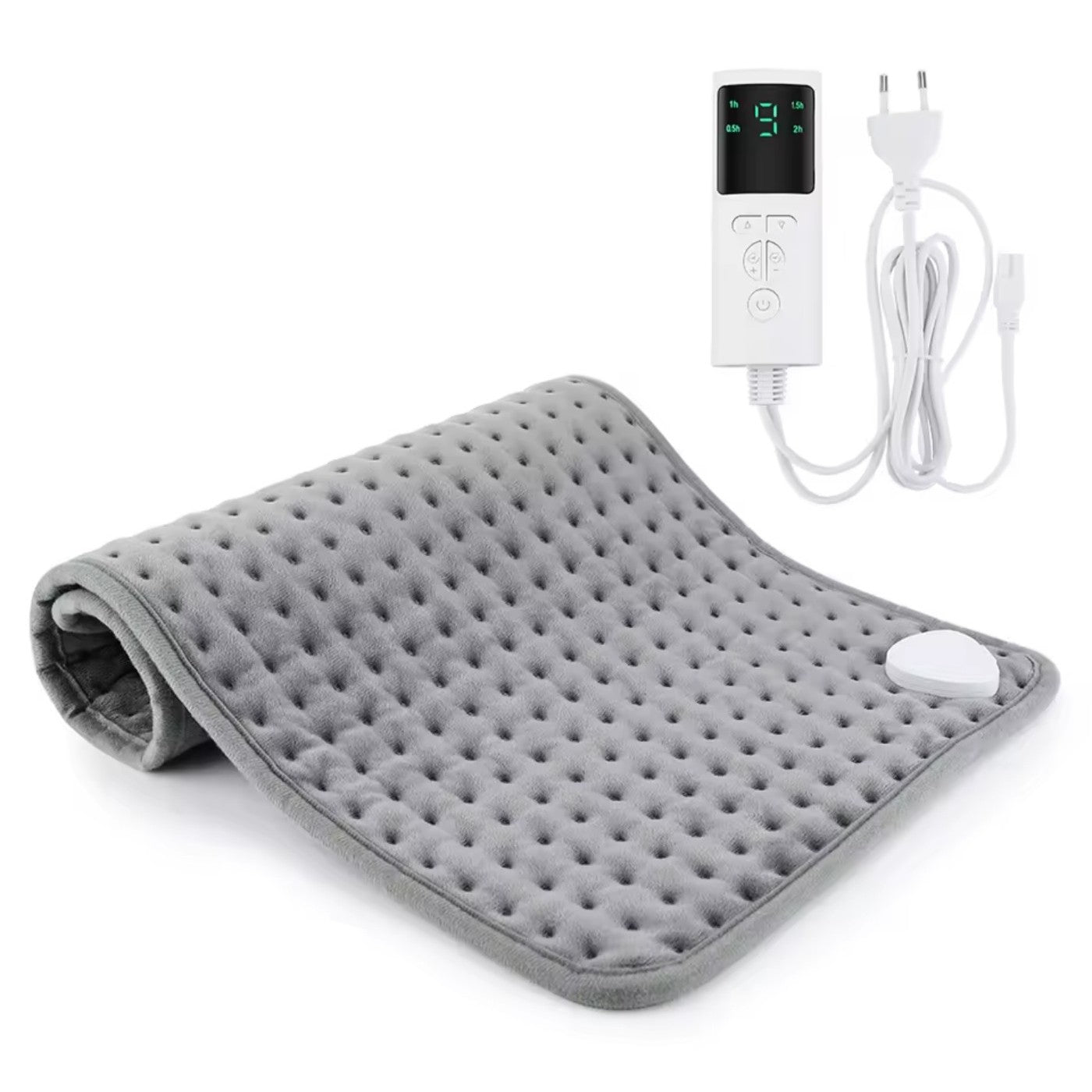 Gray heating pad with digital controller on a white background