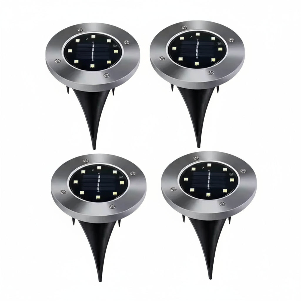 Set of four solar-powered outdoor lights with 8 LED warm light on a white background.