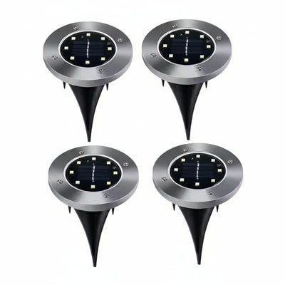 Set of four solar-powered outdoor lights with 8 LED warm light on a white background.