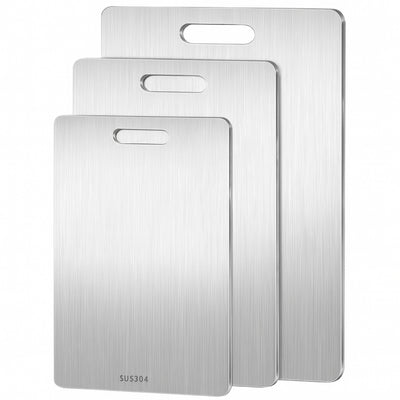Three stainless steel cutting boards of different sizes on a white background.