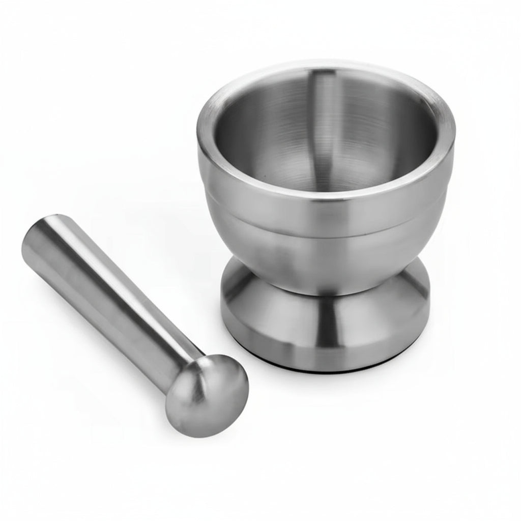 Stainless steel mortar and pestle with dimensions on a white background