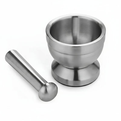 Stainless steel mortar and pestle with dimensions on a white background