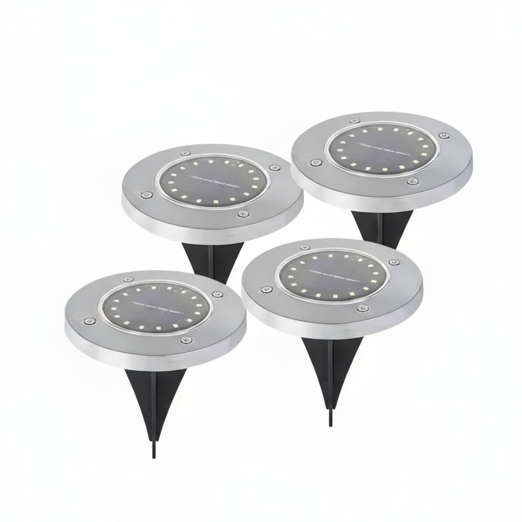 Four solar-powered outdoor lights with a close-up inset showing their use in a garden.