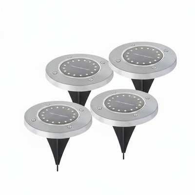 Four solar-powered outdoor lights with a close-up inset showing their use in a garden.