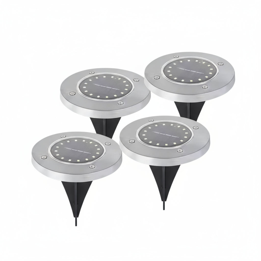 Four solar-powered garden lights with a close-up inset showing their use in a garden.