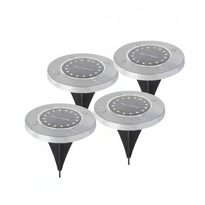 Four solar-powered garden lights with a close-up inset showing their use in a garden.