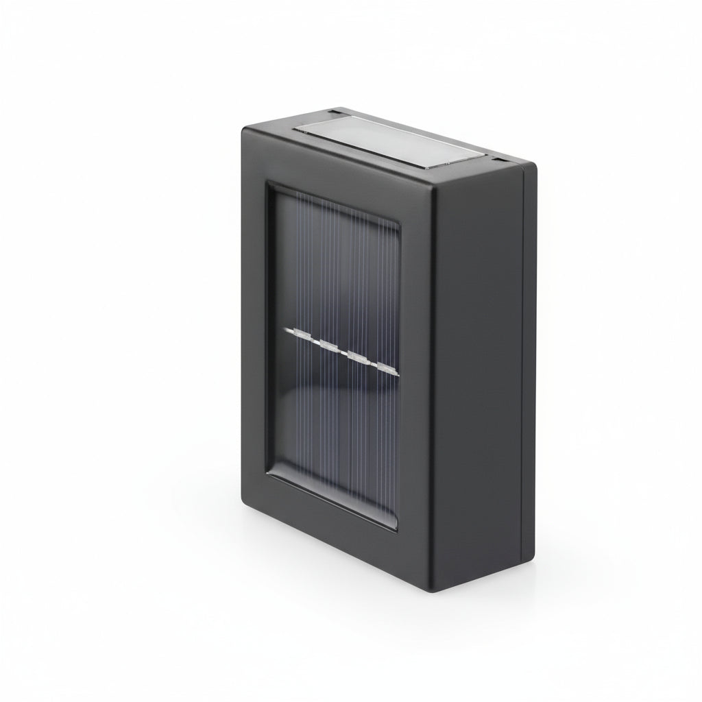 Solar-powered outdoor light fixture with inset showing illuminated effect on a white background