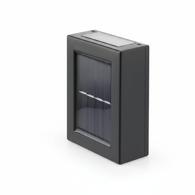 Solar-powered outdoor light fixture with inset showing illuminated effect on a white background